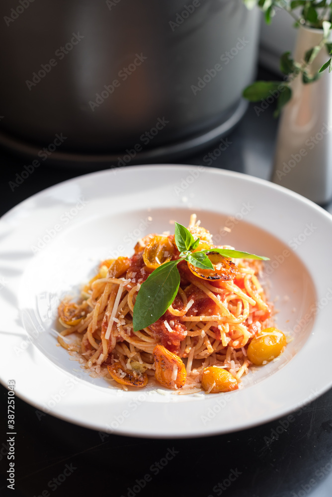 Spaghetti Pasta with Roasted Tomato Sauce and Fresh Basil