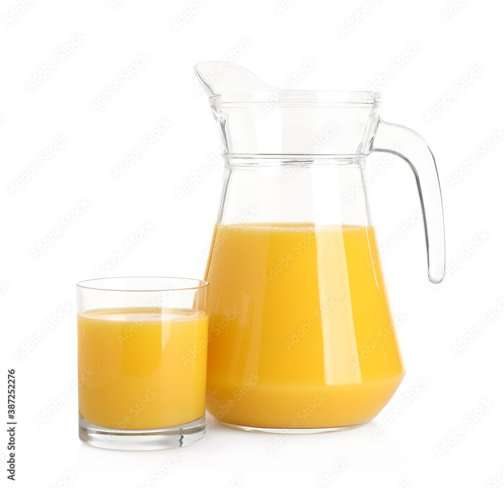 Tasty orange juice in glass and jug isolated on white Tasty orange juice in glass and jug isolated on white