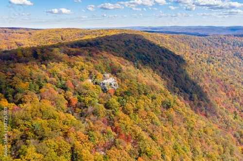 Aerial drone image of the Coopers Rock state park overlook over the Cheat River valley in the autumn looking towards Cheat Lake near Morgantown, WV photo