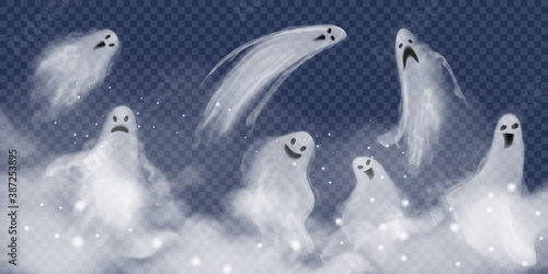 Set of realistic vector ghosts in fog. 3d smokes looking like night ghouls in mystic glittered smoke. Halloween illustration of scary poltergeist or phantom