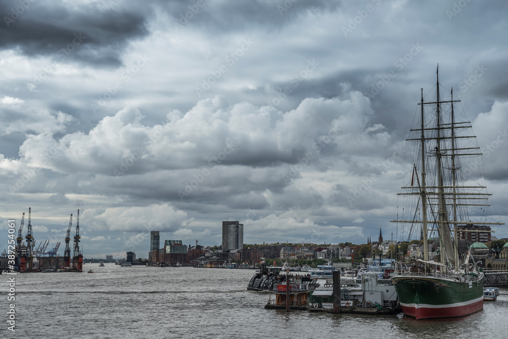 Stormy day in the harbor of Hamburg.