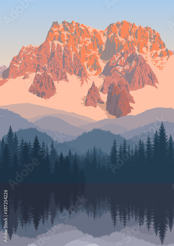 vector morning in beautiful mountains lake