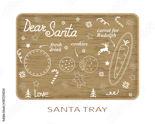 Santa tray concept. Place for cookies, drink and carrots for reindeer. 