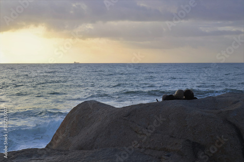 This is Love. Lovers by the ocean.
Ocean view, with a ship on the horizon and a golden sunset.