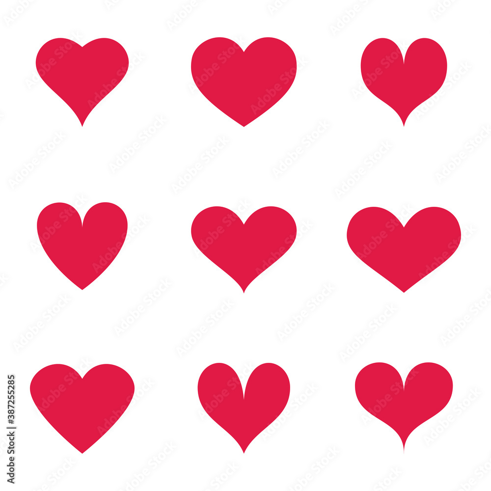 Red heart vector icons set. Flat love icon isolated on white. Heart vector for love logo, heart symbol, shape icon and Valentine's day. Cute heart vector icon for shape design, heart and love icon