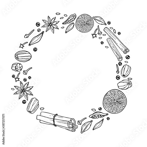Round frame with spices. Mulled wine ingredients. Hand drawn elements. Doodle vector illustration. Hot winter drink recipe Christmas drinking. With empty space for text, photo, save date, logo