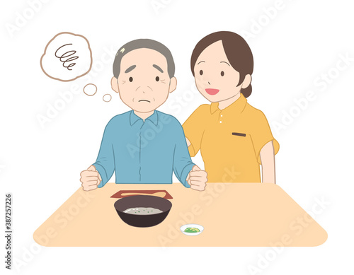 お粥を食べない高齢男性　女性介護士(線無し)
