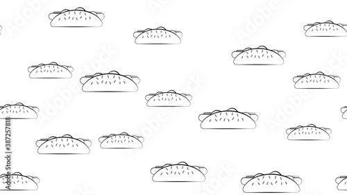 sausage sandwich on white background, vector illustration, pattern. hot dog stuffed with sesame seeds. wallpaper for kitchen, restaurant and cafe. black and white illustration in pencil style