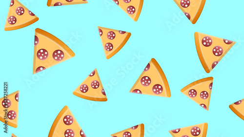 slice of pizza on a blue background, vector illustration, pattern. harmful fast fast food snack. decor of wallpaper and kitchen. unusual wallpaper design for the cooking area