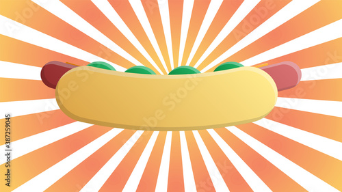hot dog on white and pink, retro background, vector illustration. bun with sausage, ketchup, mustard. hearty filling, a harmful dish. delicacy for children and adults. delicious hot dog for lunch