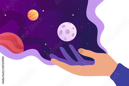The universe in the human palm.  Dream. Concept. Space background with planets, stars. Vector flat cartoon illustration. Horizontal space background with abstract shapes. Web design. space exploring.