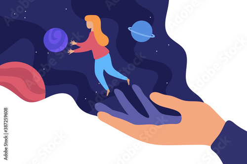 Girl explores space. Dream. Help and support. Concept. Space background with planets and stars. Vector flat cartoon illustration