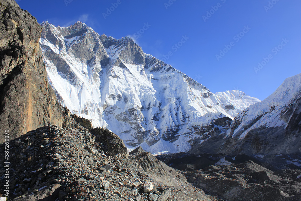 Scenic view of Lhotse South Face as seen from glacier moraine near Chukhung, Sagarmatha Khumbu Region, Nepal, Himalaya