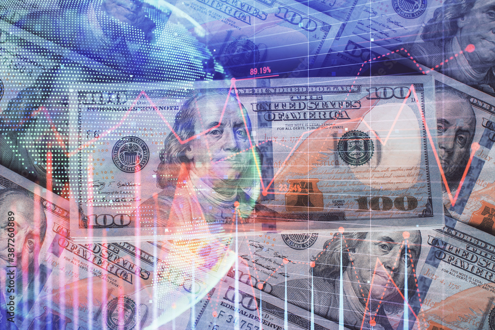 Multi exposure of forex chart drawing over us dollars bill background. Concept of financial success markets. Multi exposure of forex chart drawing over us dollars bill background. Concept of financial success markets.