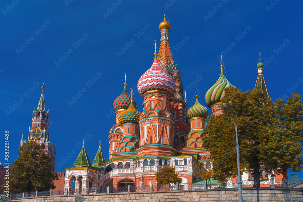 Red Square, view of the Cathedral of St. Basil the Blessed and the Kremlin Spasskaya Tower, view from Vasilyevsky Spusk, Moscow, Russia Red Square, view of the Cathedral of St. Basil the Blessed and the Kremlin Spasskaya Tower, view from Vasilyevsky Spusk, Moscow, Russia