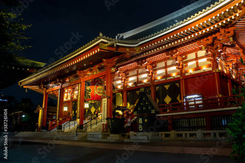 Sensoji temple at night in Asakuza, Tokyo.