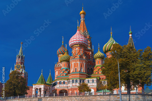 Red Square, view of the Cathedral of St. Basil the Blessed and the Kremlin Spasskaya Tower, view from Vasilyevsky Spusk, Moscow, Russia
