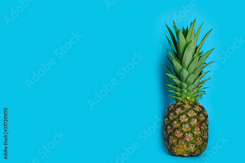 Ripe juicy pineapple on light blue background. Space for text