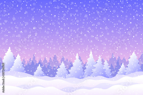 Winter background with snowy fir trees, snowdrifts and snowfall