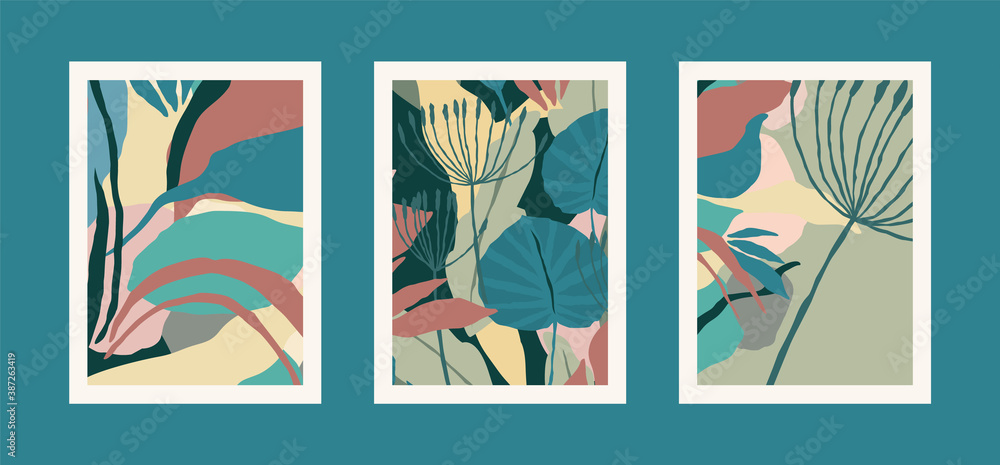 Collection of art prints with abstract leaves. Modern design for posters, covers, cards, interior decor and other users.