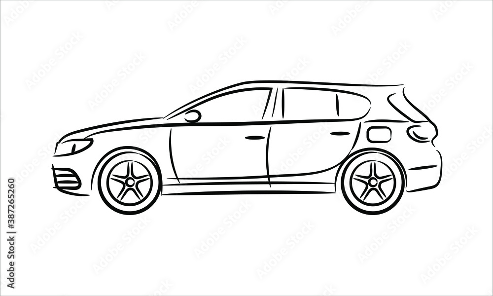 Modern car hatchback abstract silhouette on white background. Vehicle icons view from side. Art line 
