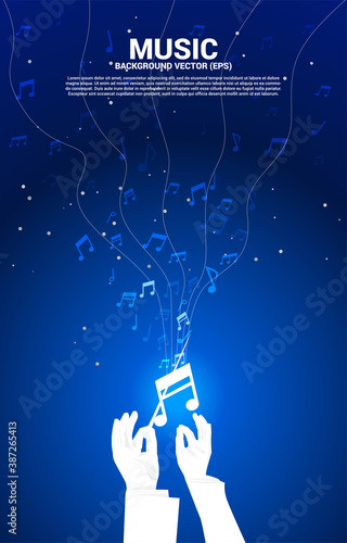 Vector conductor hand with music melody note dancing flow . Concept background for song and concert theme.