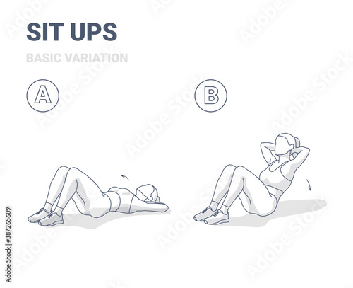 Sit Up Female Home Workout Exercise Guide Black and White Illustration.