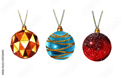 Watercolor set of three realistic colorful hanging Christmas balls isolated on a white background.