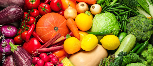 Many fresh different vegetables as background, top view. Banner design
