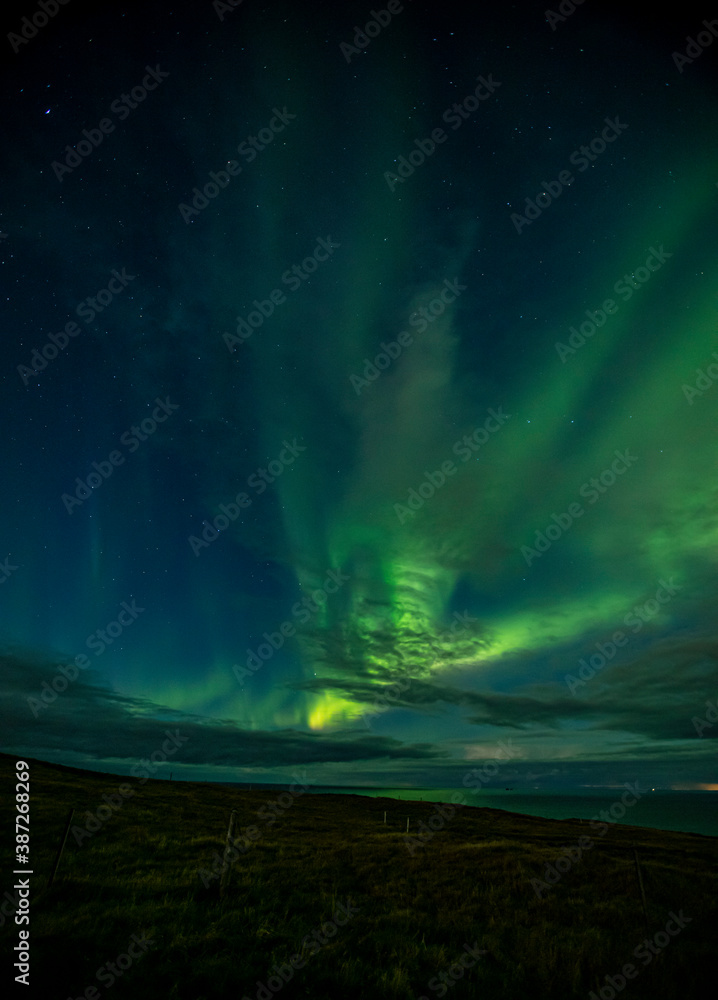 Aurora over Vestmannaeyjar taken from Storhofdi.