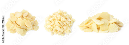 Set of cut garlic on white background. Banner design