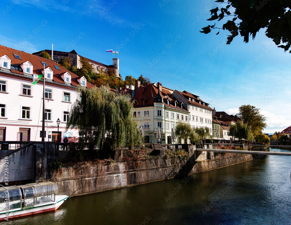 view to the river in the old town at the autumn