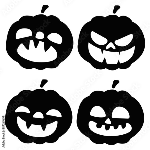Black pumpkin set. Black jack-o-lantern set vector. Isolated lanterns.
