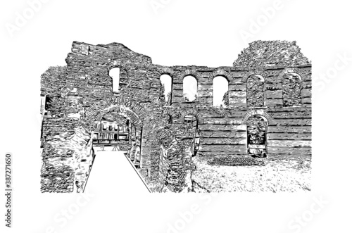Building view with landmark of Bordeaux is a port city on the Garonne in the Gironde department in Southwestern France. Hand drawn sketch illustration in vector.