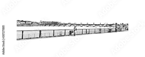 Building view with landmark of Bordeaux is a port city on the Garonne in the Gironde department in Southwestern France. Hand drawn sketch illustration in vector.