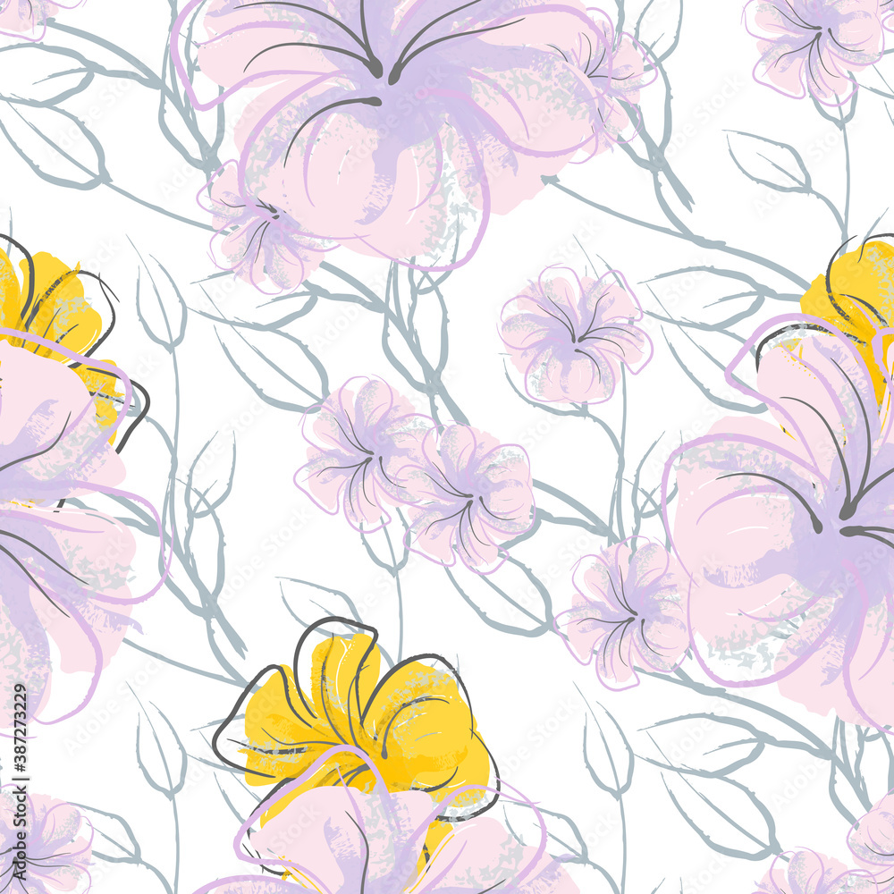 Pink Flowers Blooming Pattern. Pastel Watercolor. Pink Flowers Blooming Pattern. Pastel Watercolor.
