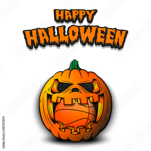 Happy Halloween. Basketball ball inside frightening pumpkin. The pumpkin swallowed the ball with burning eyes. Design template for banner, poster, greeting card, party invitation. Vector illustration