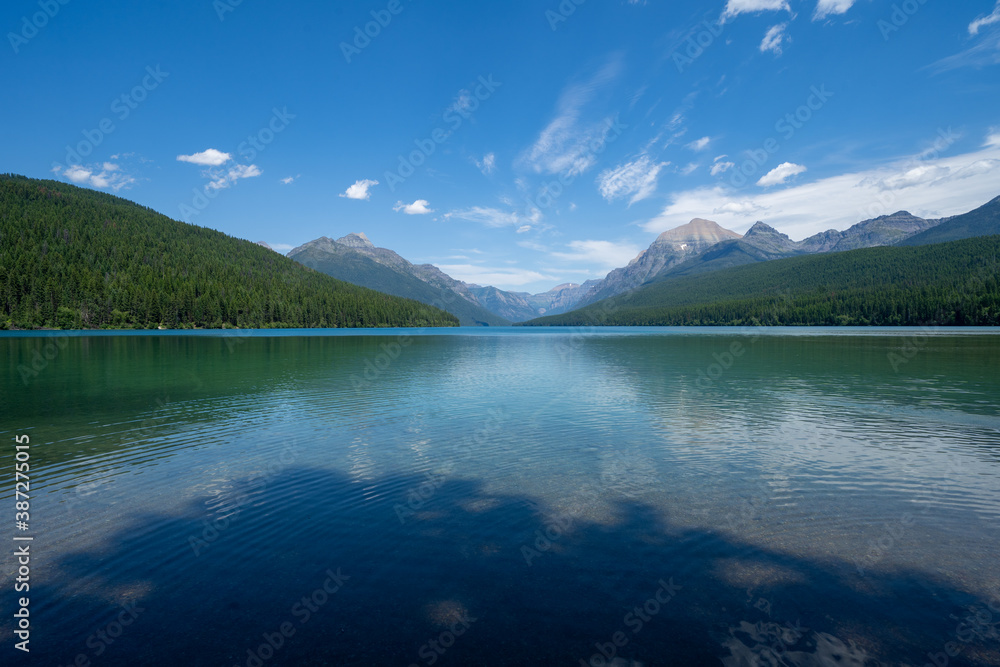 Wide angle view of Bowman Lake in Glacier National Park