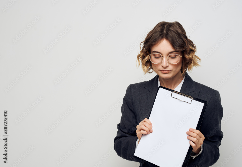 Business woman in classic suit blank paper documents mock up Business woman in classic suit blank paper documents mock up
