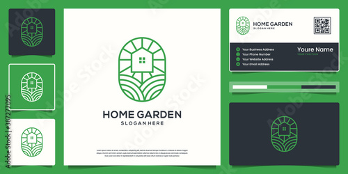 Green house landscaping outline logo design and business card. Organic symbol for environmental.