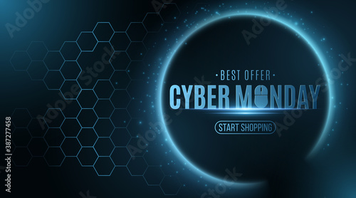 Cyber monday sale .Futuristic glowing banner with hexagon cyber pattern. Business event. Flying abstract lights. Trendy hi-tech design. Vector illustration