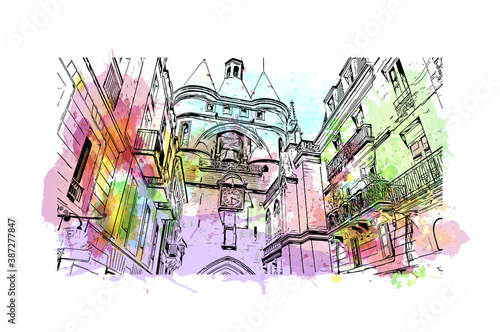 Building view with landmark of Bordeaux is a port city on the Garonne in the Gironde department in Southwestern France. Watercolor splash with hand drawn sketch illustration in vector.