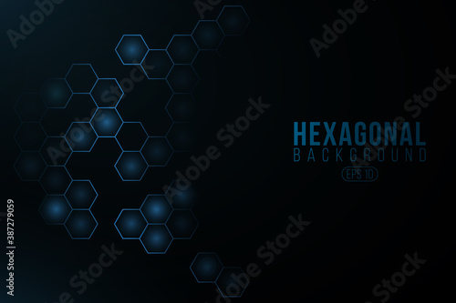 Futuristic glowing hexagonal cyber background. High-tech project. Glowing sci-fi pattern with light effect. Blue honeycomb for scientific design. Vector illustration