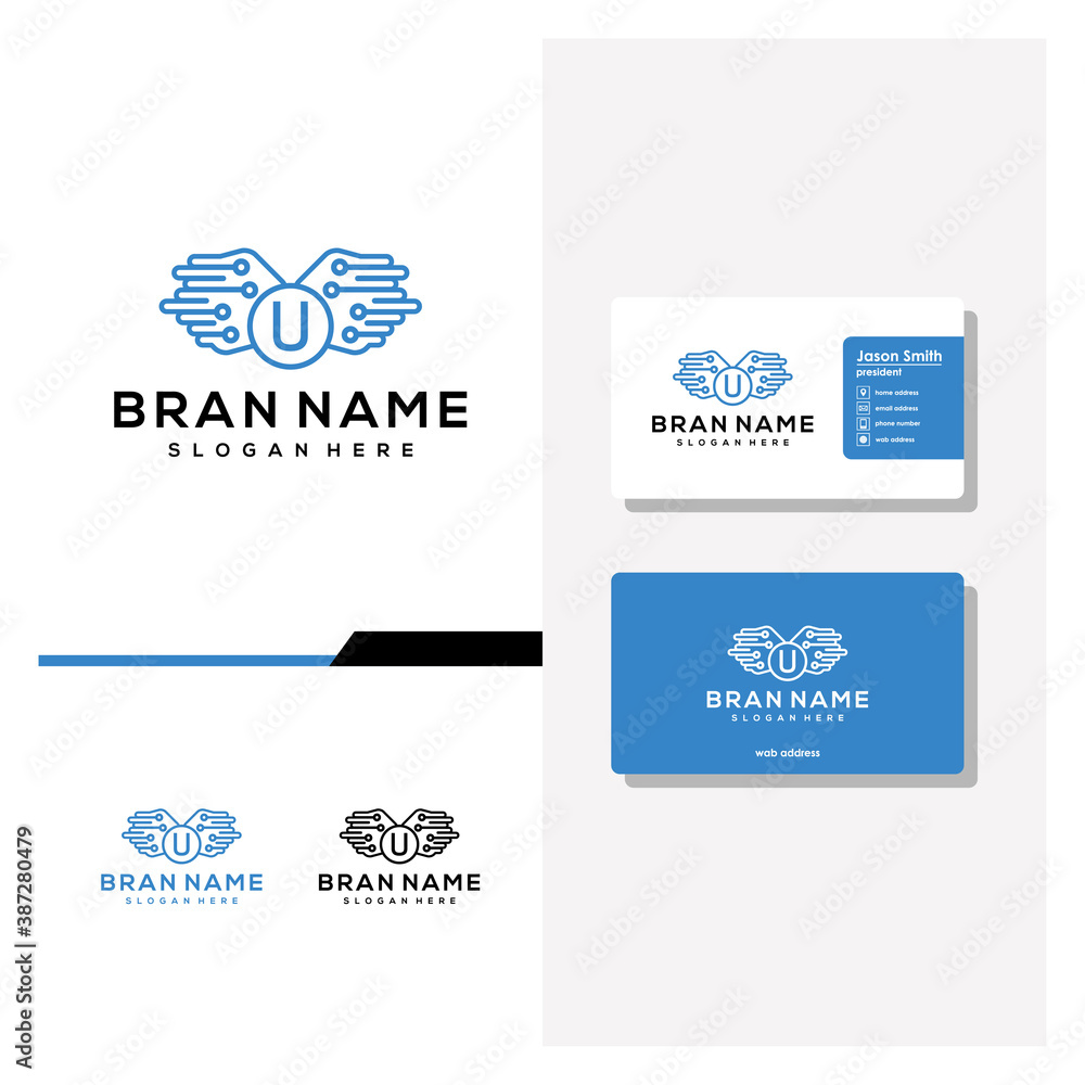 Fototapeta premium letter U wing tech logo design and business card vector