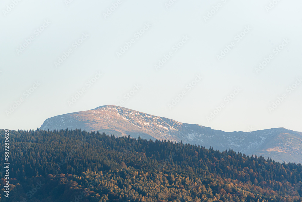 Fototapeta premium clear blue air over mountains in bulgaria crops hay fields clouds blue sharp focus distance superzoom copy space for text minimal landscape rural