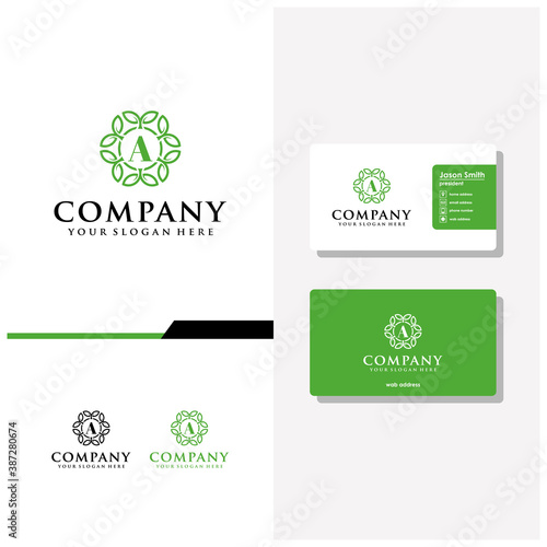 letter A ornament leaf logo design and business card vector