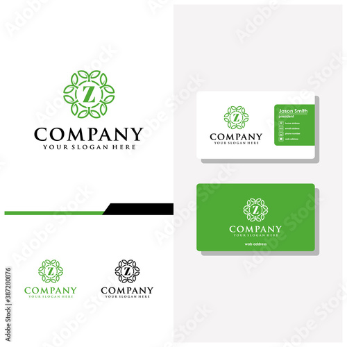 letter Z ornament leaf logo design and business card vector