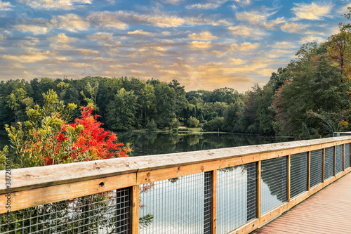 a stunning shot of a wooden bridge over a lake with lush green and autumn colored trees reflecting off the lake at sunset at Rhodes Jordan Park at Lawrenceville Lake in Lawrenceville Georgia USA photo