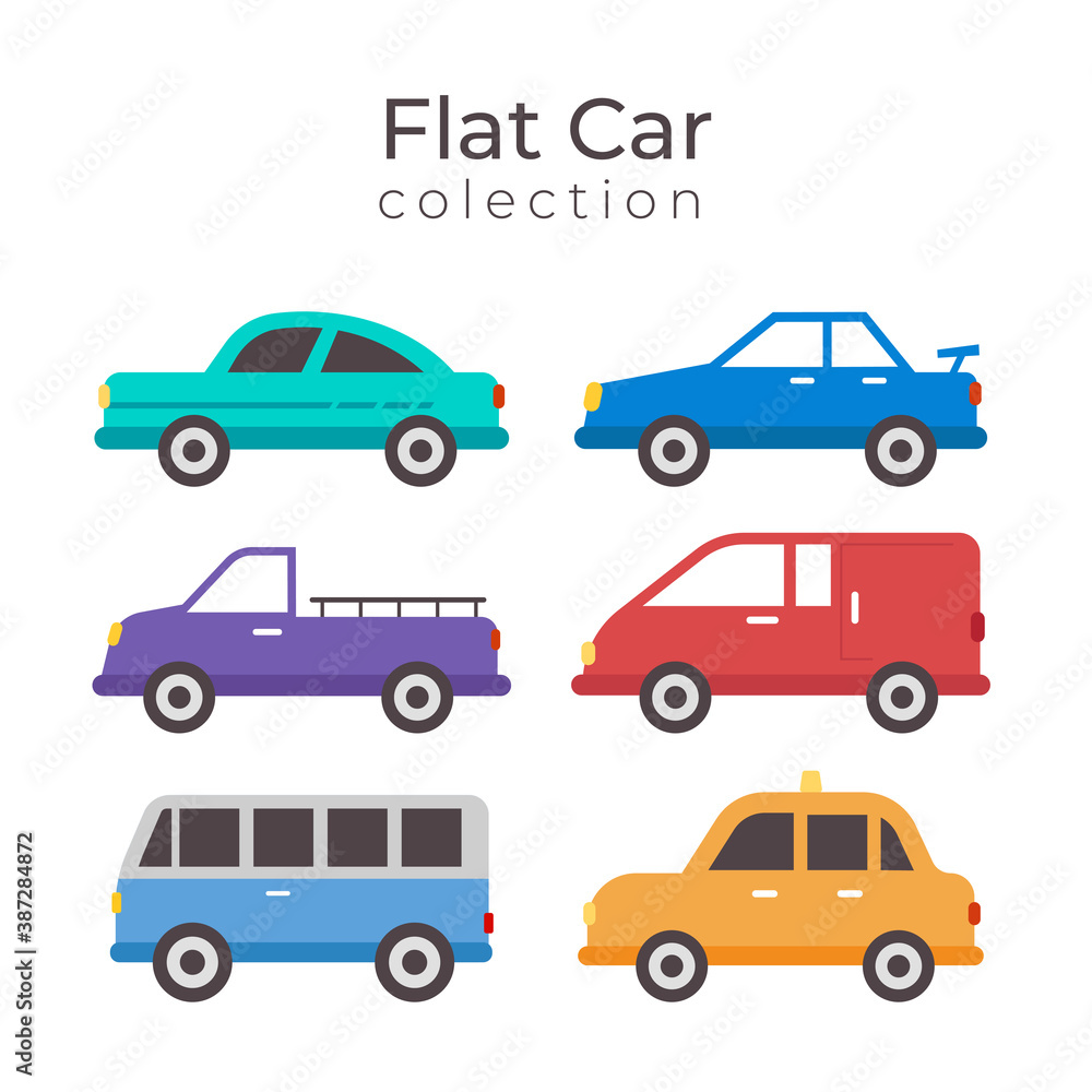 Flat cars set. Taxi and minivan, cabriolet and pickup. Bus and suv, truck. Urban, city cars and vehicles transport vector flat icons illustration