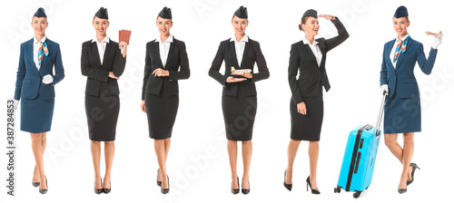 Collage of beautiful stewardess on white background